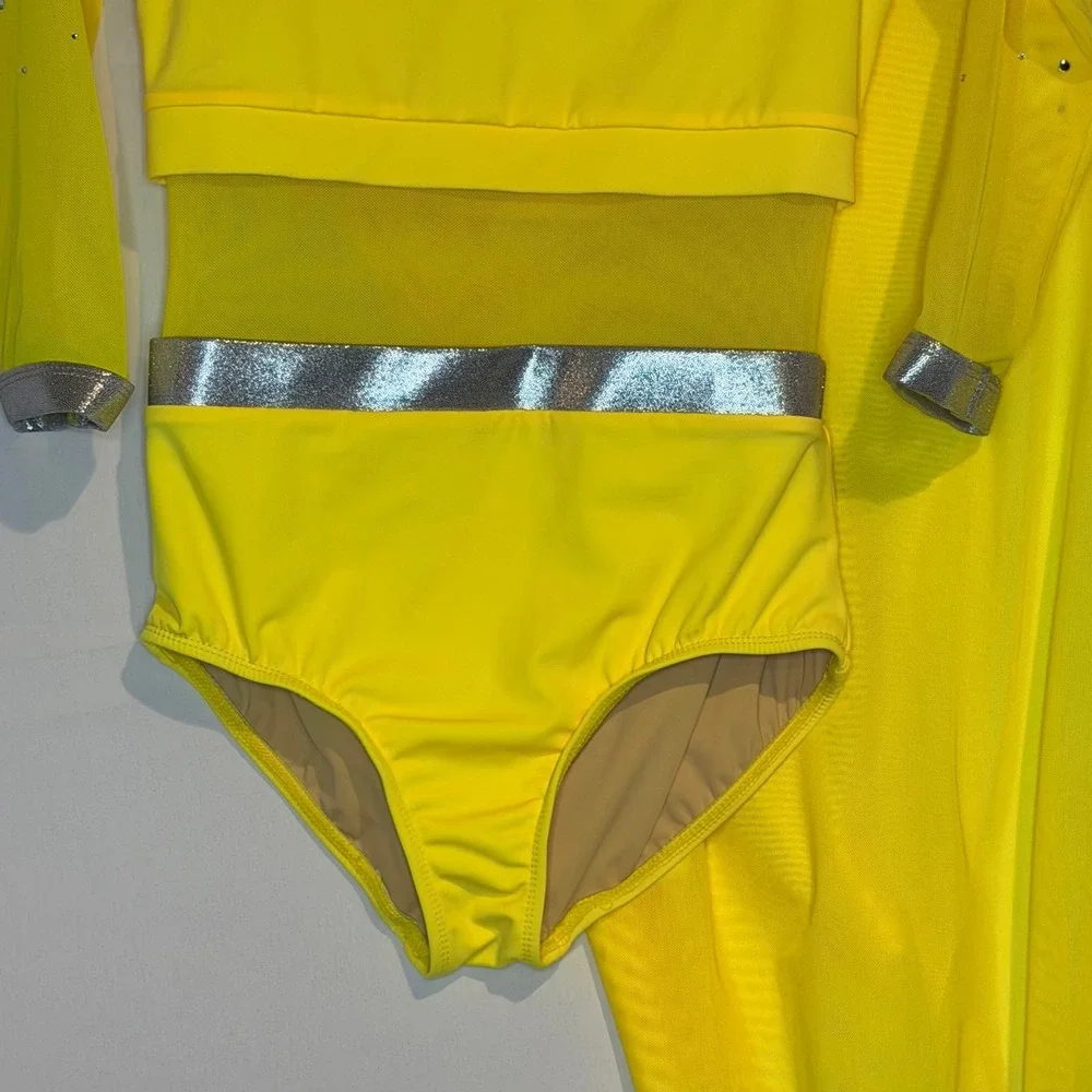 Double Platinum Kids Neon Yellow Rhinestone Dance Leotard with Skirt Size MC